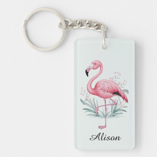 Flamingo en bloemen gepersonaliseerd sleutelhanger (Voorkant)