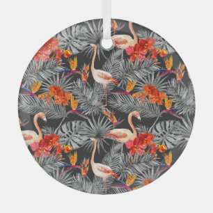 Flamingo en bloemen, monochroom patroon. glas ornament