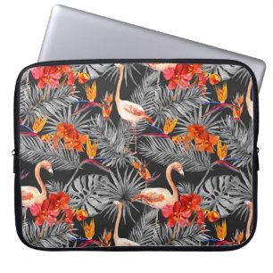 Flamingo en bloemen, monochroom patroon. laptop sleeve