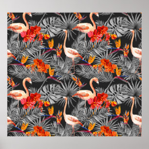 Flamingo en bloemen, monochroom patroon. poster