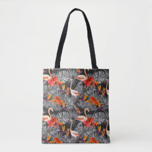 Flamingo en bloemen, monochroom patroon. tote bag