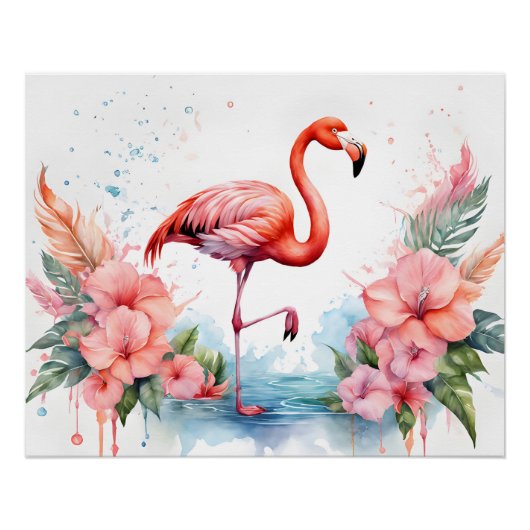 Flamingo en Bloemen Poster (Voorkant)