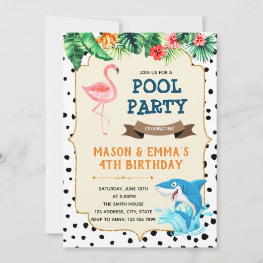 Flamingo en haaien feestuitnodiging kaart (Voorkant)