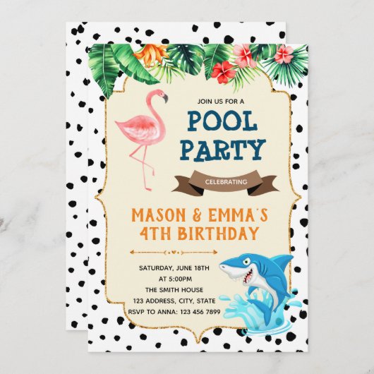 Flamingo en haaien feestuitnodiging kaart (Voorkant / Achterkant)