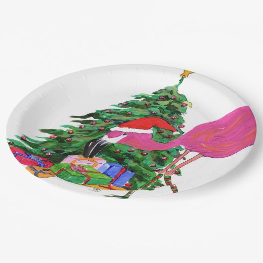 Flamingo en kerstboom papieren bordje (Gekanteld)