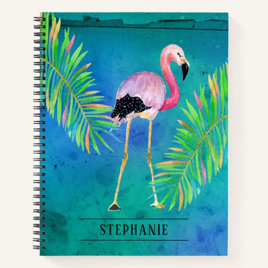 Flamingo en Palm Leaves Aqua Green Notitieboek (Voorkant)