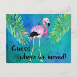 Flamingo en palmbladeren Verandering van adres Aankondigingskaart