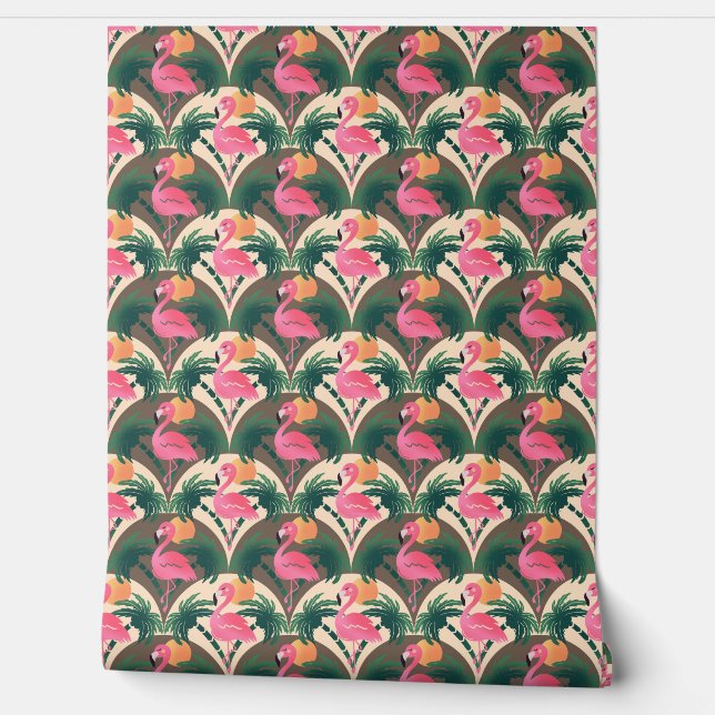 Flamingo en Palmen Retro bruin patroon Behang (Afrollen)