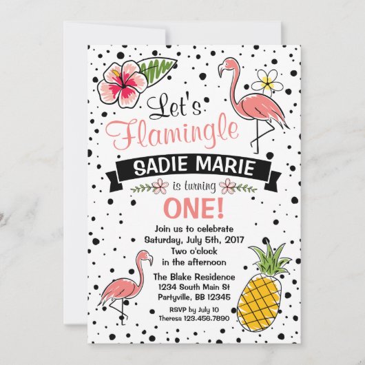 Flamingo en Pinapple Doodle verjaardagsuitnodiging Kaart (Voorkant)