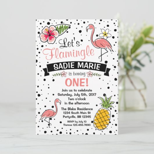 Flamingo en Pinapple Doodle verjaardagsuitnodiging Kaart (Staand voorkant)