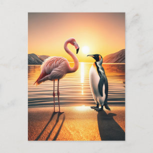Flamingo en Pinguïn Zonsondergang Ontmoeting Briefkaart