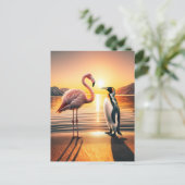 Flamingo en Pinguïn Zonsondergang Ontmoeting Briefkaart (Staand voorkant)