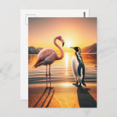 Flamingo en Pinguïn Zonsondergang Ontmoeting Briefkaart (Voorkant / Achterkant)