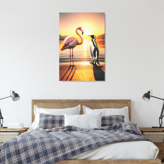 Flamingo en Pinguïn Zonsondergang Ontmoeting Canvas Afdruk (Insitu (Slaapkamer))