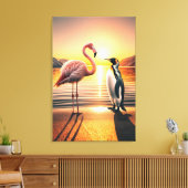 Flamingo en Pinguïn Zonsondergang Ontmoeting Canvas Afdruk (Insitu (Woonkamer))