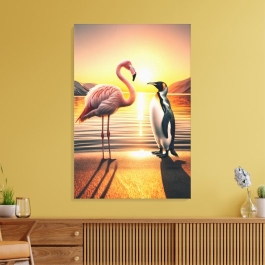 Flamingo en Pinguïn Zonsondergang Ontmoeting Canvas Afdruk (Insitu (Woonkamer))