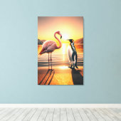 Flamingo en Pinguïn Zonsondergang Ontmoeting Canvas Afdruk (Insitu (Houten vloer))