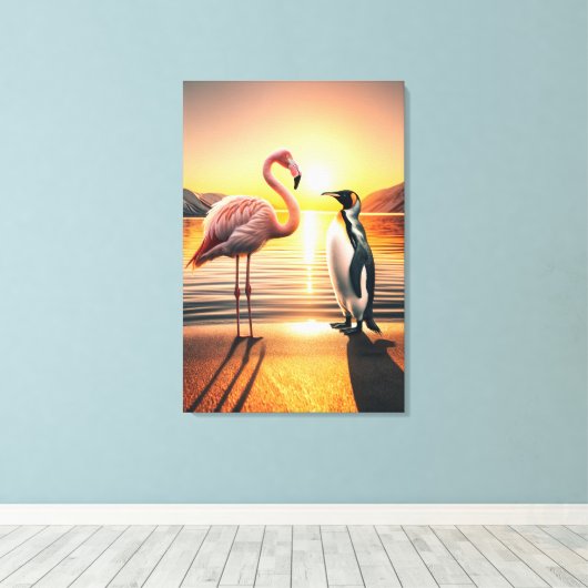 Flamingo en Pinguïn Zonsondergang Ontmoeting Canvas Afdruk (Insitu (Houten vloer))