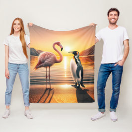 Flamingo en Pinguïn Zonsondergang Ontmoeting Fleece Deken