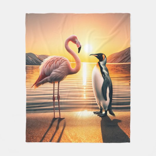 Flamingo en Pinguïn Zonsondergang Ontmoeting Fleece Deken (Voorkant)