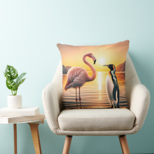 Flamingo en Pinguïn Zonsondergang Ontmoeting Kussen