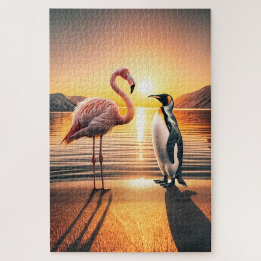 Flamingo en Pinguïn Zonsondergang Ontmoeting Legpuzzel (Verticaal)