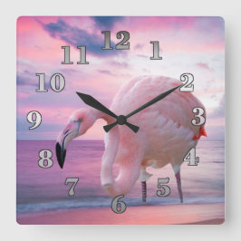 Flamingo en Pink Sky Vierkante Klok