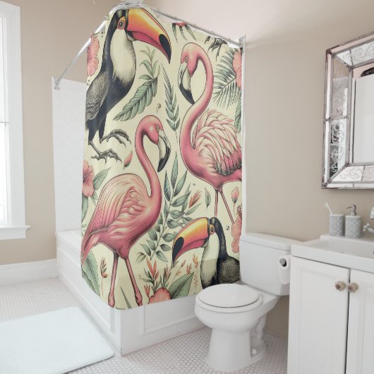 Flamingo en Toucan Naadloos Douchegordijn (In situ)