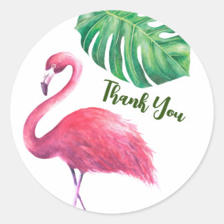 Flamingo en Tropische Bladeren Bedankt Ronde Sticker