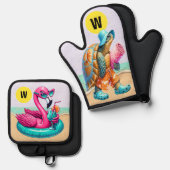 Flamingo en Turtle plezier Ovenwant & Pannenlap Set (Voorkant / Achterkant)