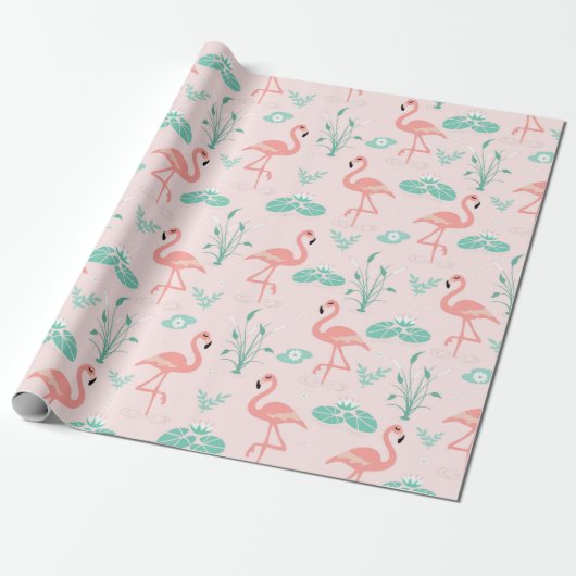 flamingo en waterleliepatroon cadeaupapier (Uitgerold)