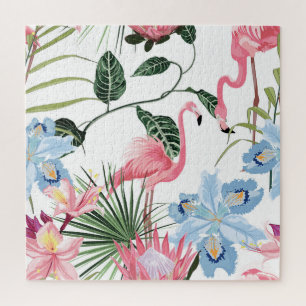 Flamingo Exotische Bloemen Tropisch Naadloos Legpuzzel