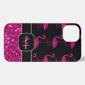 Flamingo faux sparkles zwarte monogram iPhone hoesje (Achterkant horizontaal)