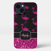 Flamingo faux sparkles zwarte monogram iPhone hoesje (Achterkant)