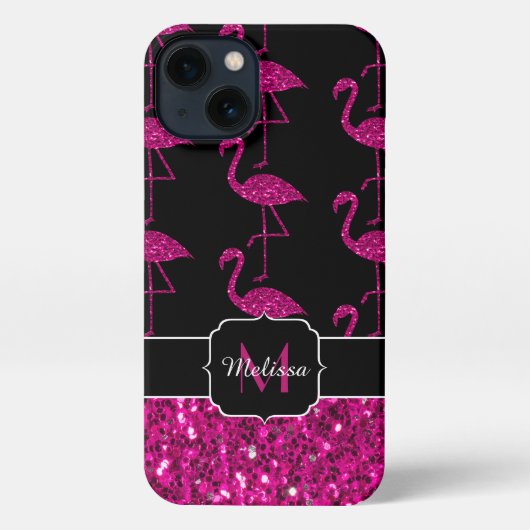 Flamingo faux sparkles zwarte monogram iPhone hoesje (Achterkant)
