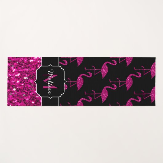 Flamingo faux sparkles zwarte monogram yogamat (Voorkant (horizontaal))