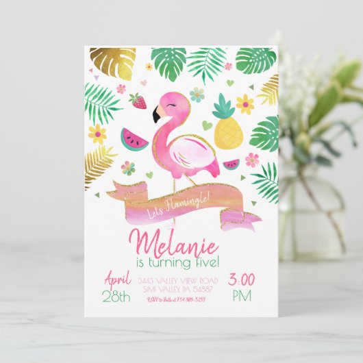 Flamingo Feest Uitnodiging, Laten we Flamingle Uit Kaart (Staand voorkant)