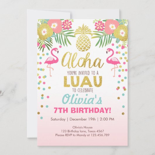 Flamingo feestuitnodiging Tropische Verjaardag lua Kaart (Voorkant)