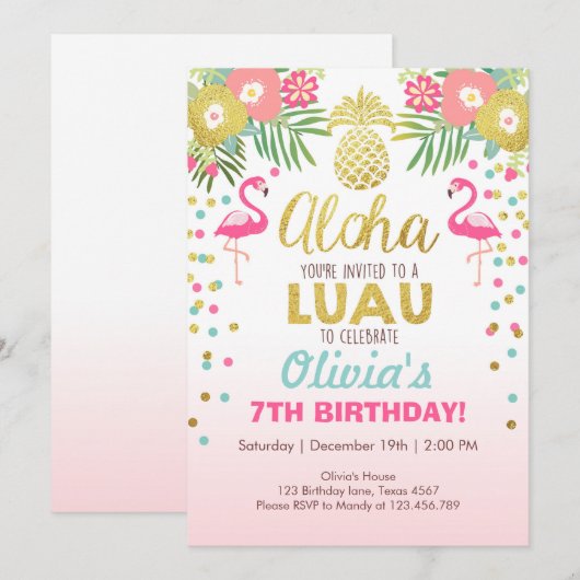 Flamingo feestuitnodiging Tropische Verjaardag lua Kaart (Voorkant / Achterkant)