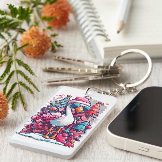 Flamingo Festiviteiten Santa Hoed en glazen Kerstm Sleutelhanger (Voorkant Rechts)