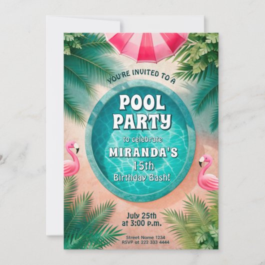 Flamingo Fiesta Pool Party Verjaardag Kaart (Voorkant)