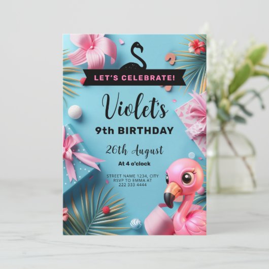 Flamingo Fiesta Tropische Verjaardag Kaart (Staand voorkant)