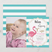 Flamingo First Birthday Invitation Girl Kaart (Voorkant / Achterkant)