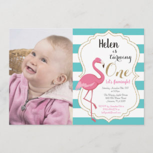 Flamingo First Birthday Invitation Girl Kaart