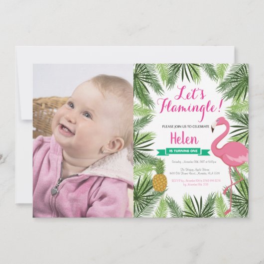 Flamingo First Birthday Invitation Girl Kaart (Voorkant)