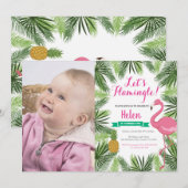 Flamingo First Birthday Invitation Girl Kaart (Voorkant / Achterkant)