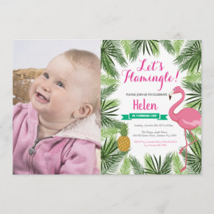 Flamingo First Birthday Invitation Girl Kaart
