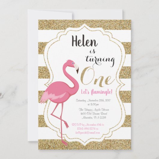 Flamingo First Birthday Invitation Girl Kaart (Voorkant)