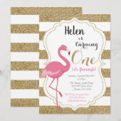 Flamingo First Birthday Invitation Girl Kaart (Voorkant / Achterkant)