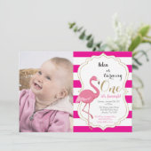 Flamingo First Birthday Invitation Girl Kaart (Staand voorkant)